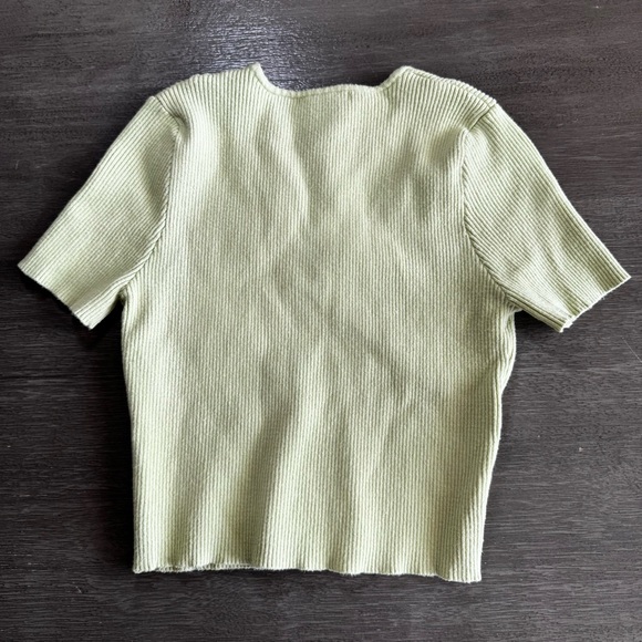 Knit Ribbed Short Sleeve Green Button Cut Out Sweater M - Picture 3 of 10